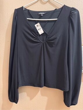 Express Navy-Black Long Sleeve Keyhole Top